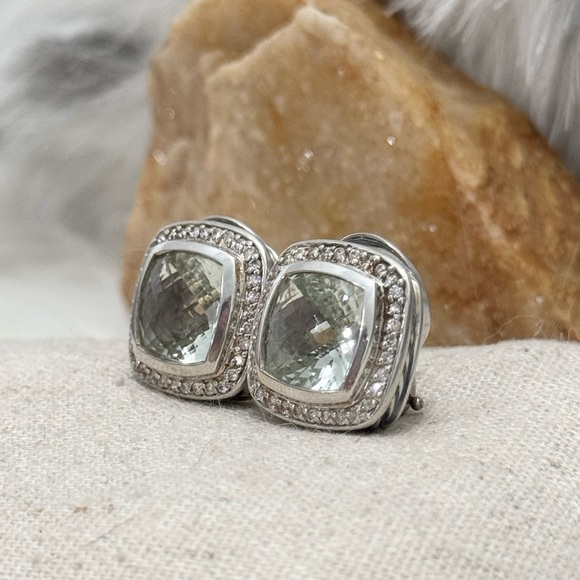David Yurman Diamond Prasiolite Albion Earrings .925 Sterling Silver - Picture 3 of 8